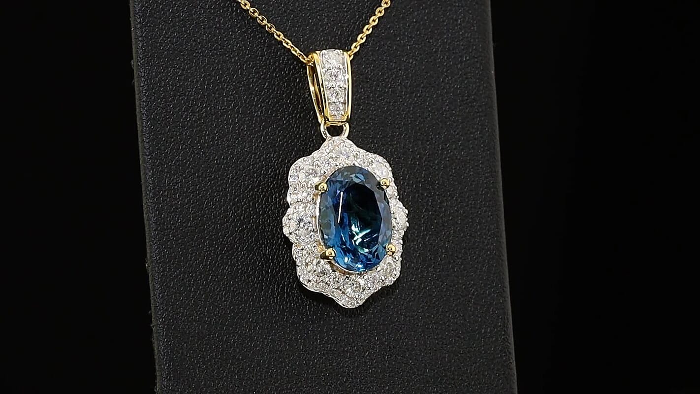Doorbuster D''Joy Premium London Blue Topaz and Moissanite 9.60 ctw Pendant Necklace in 18K Vermeil Yellow Gold Over Sterling Silver 20 Inches