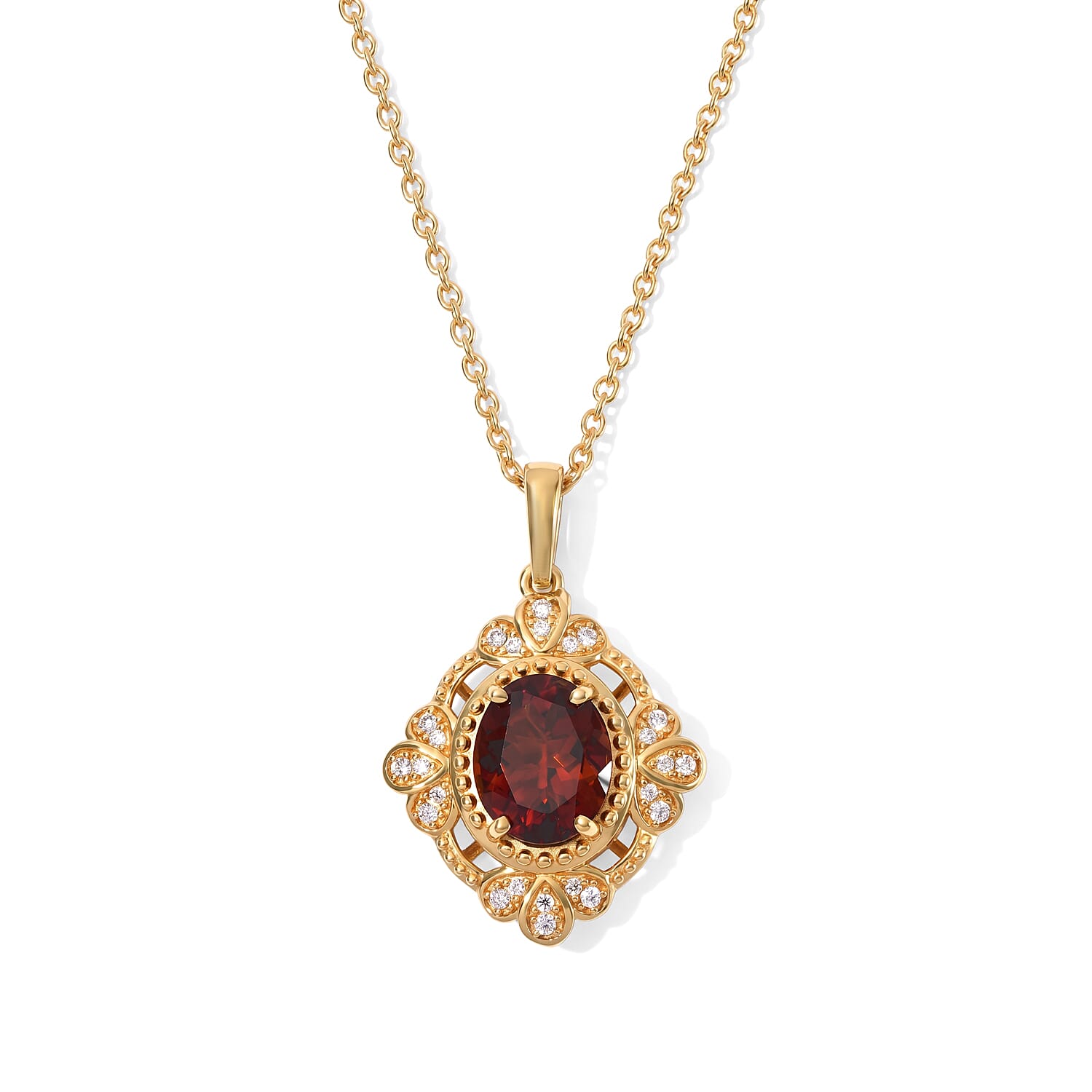 EverTrue Premium Red Citrine and Moissanite Sprout Halo Pendant in 18K YG Plated with ION Plated YG Stainless Steel Necklace 20 Inches