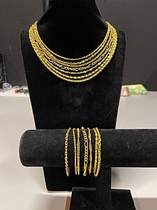14 pcs Set Of Curb, Rolo, Singapore, Figaro, Cable, Snake & Spiga Necklace 20 Inches and Bracelet (7.50 In) in Goldtone with Velvet Travel Case