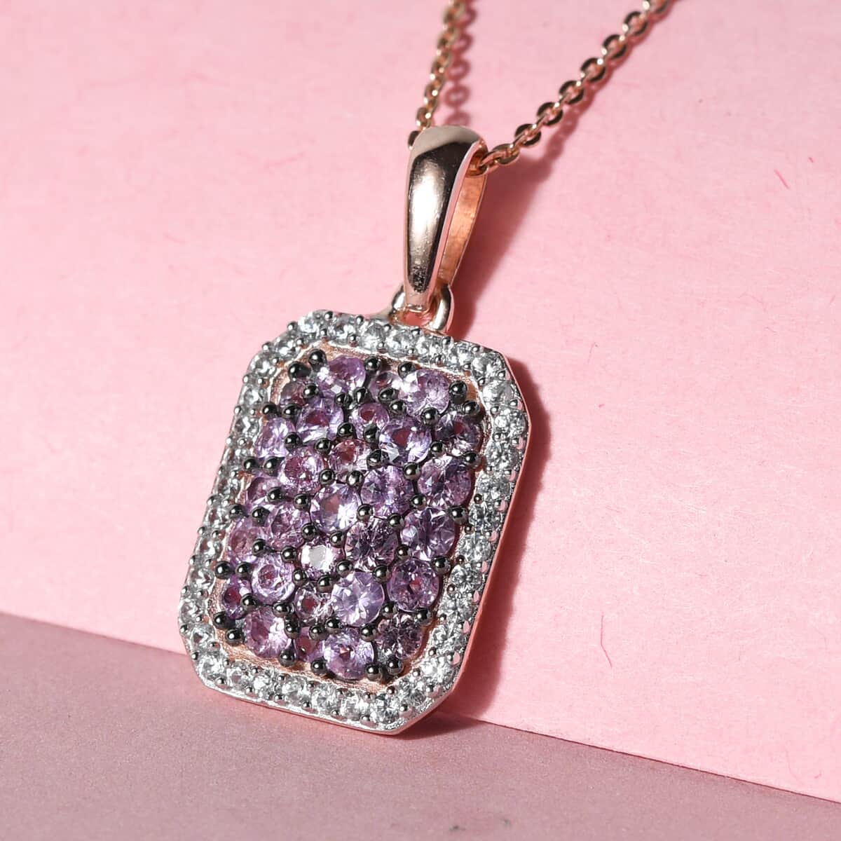 Madagascar Pink Sapphire and Natural White Zircon Pendant Necklace 20 Inches in Vermeil Rose Gold Over Sterling Silver 1.65 ctw image number 1