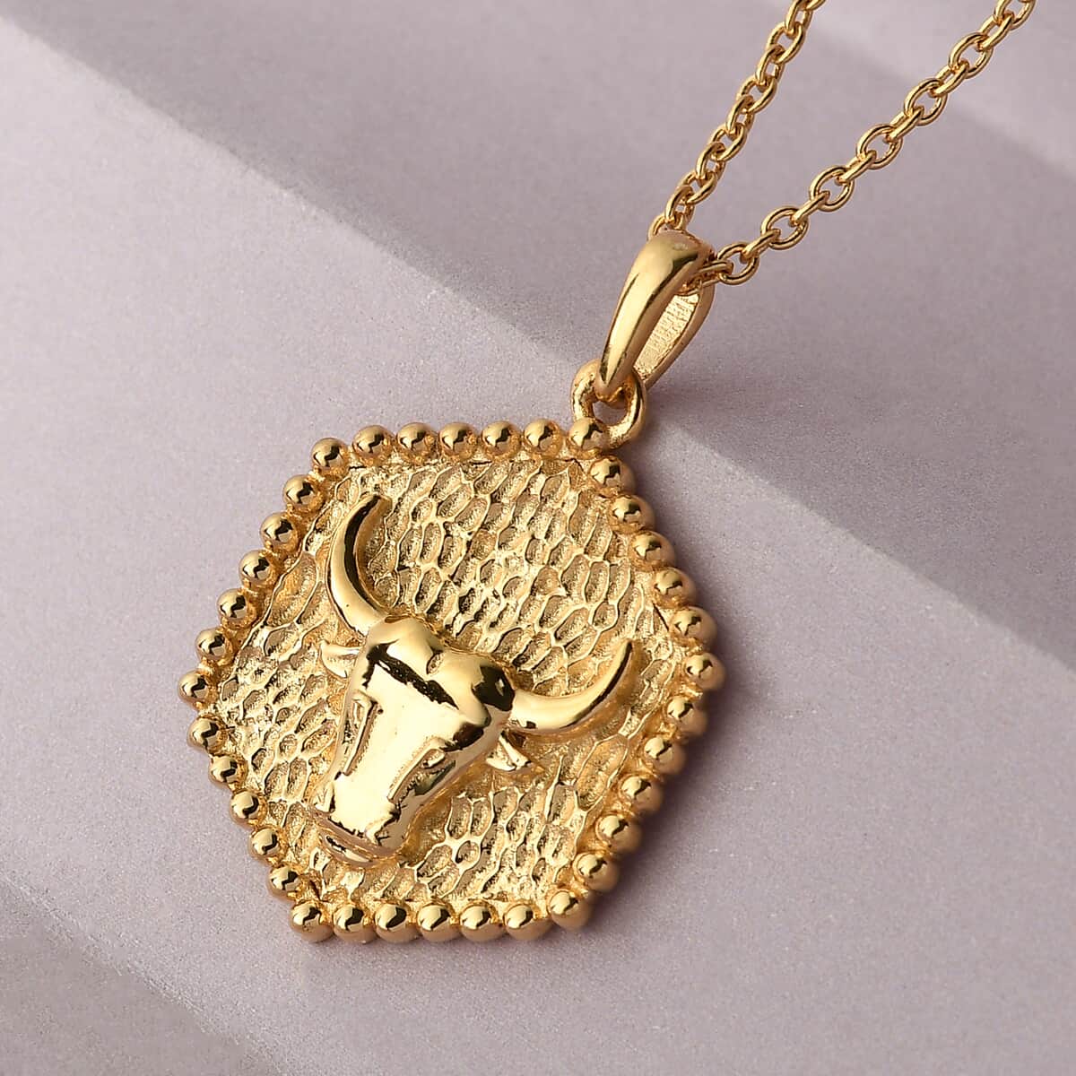 KARIS Taurus Zodiac Pendant Necklace 20 Inches in 18K YG Plated and ION Plated Yellow Gold Stainless Steel image number 1