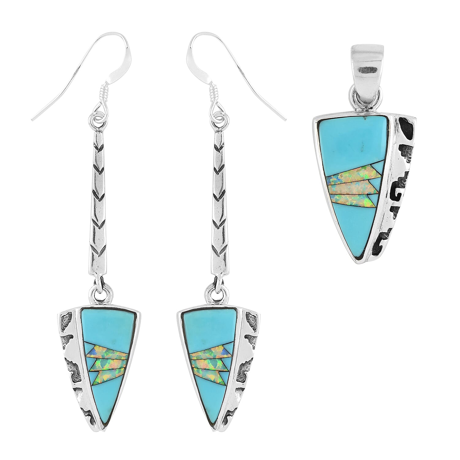 Santa Fe Style Turquoise and Lab Created Opal Arrowhead Pendant and Dangle Earrings in Sterling Silver 1.55 ctw