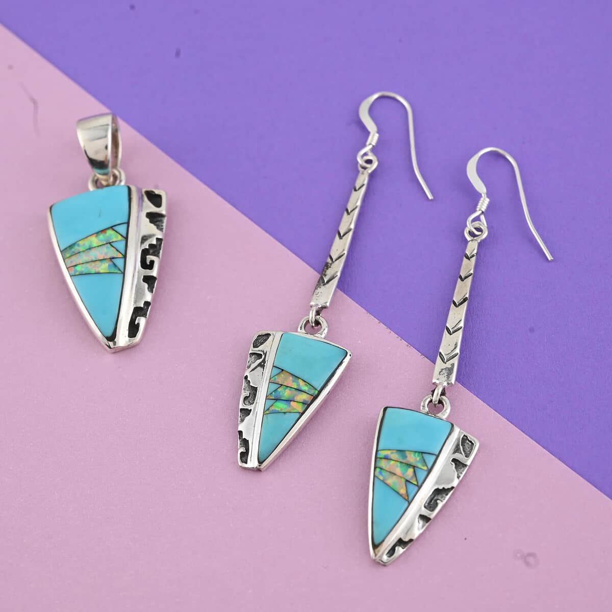 SANTA FE Style Turquoise, Lab Created Opal Arrowhead Pendant and Dangle Earrings in Sterling Silver (10 g) 1.55 ctw image number 1