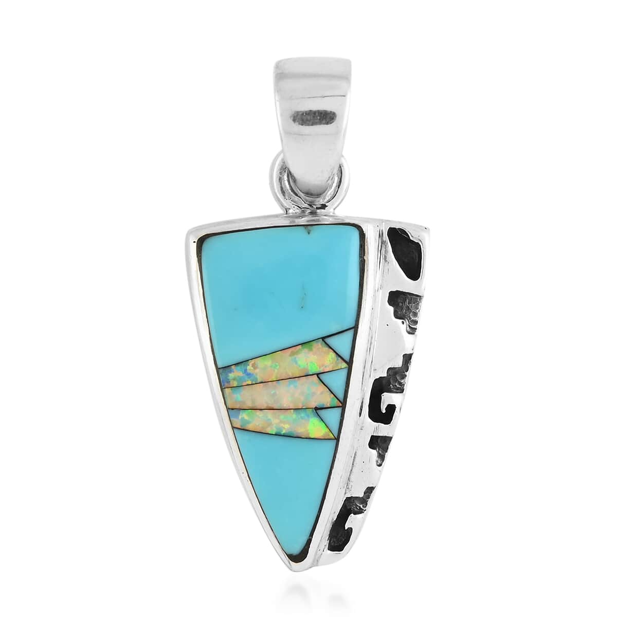 SANTA FE Style Turquoise, Lab Created Opal Arrowhead Pendant and Dangle Earrings in Sterling Silver (10 g) 1.55 ctw image number 2