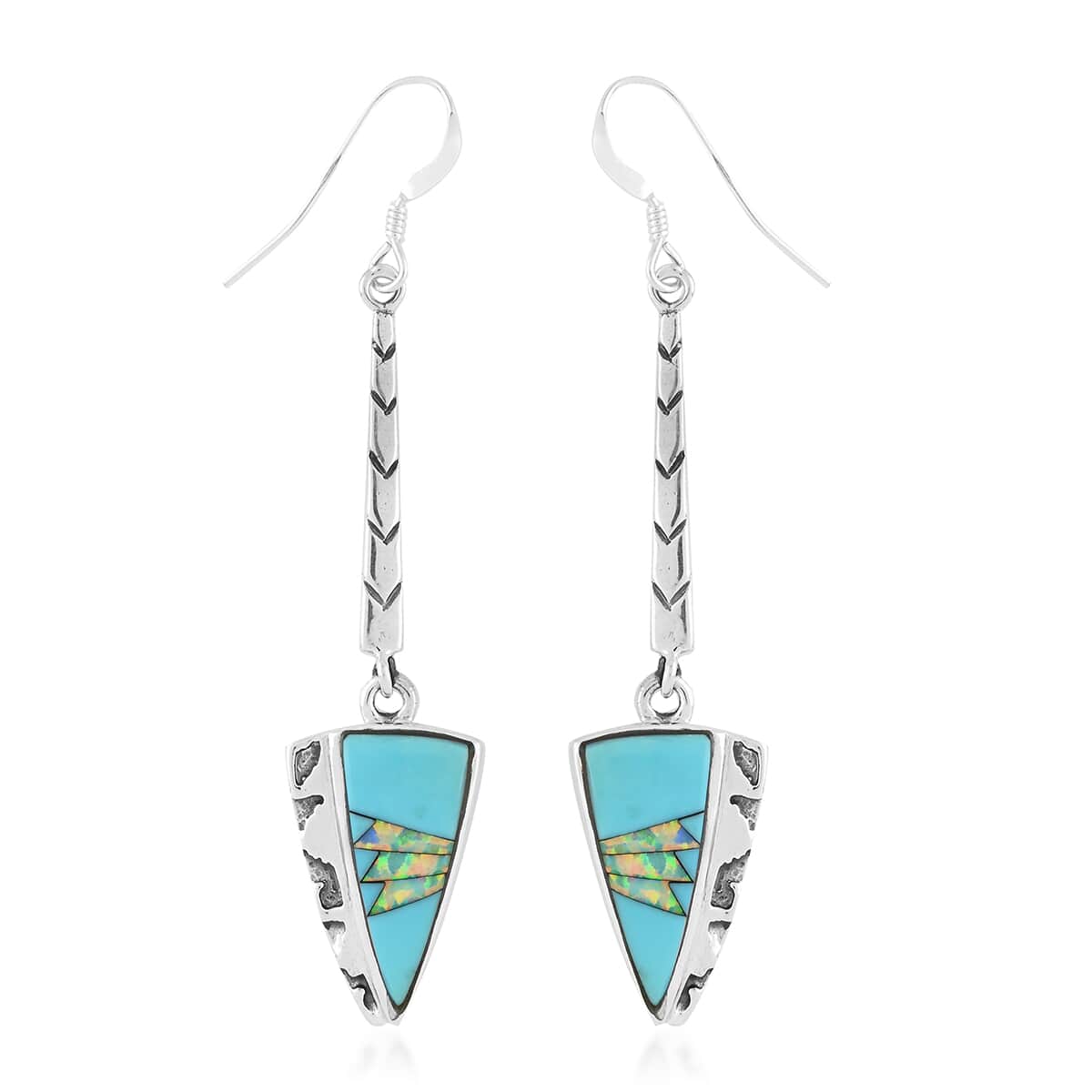 SANTA FE Style Turquoise, Lab Created Opal Arrowhead Pendant and Dangle Earrings in Sterling Silver (10 g) 1.55 ctw image number 4