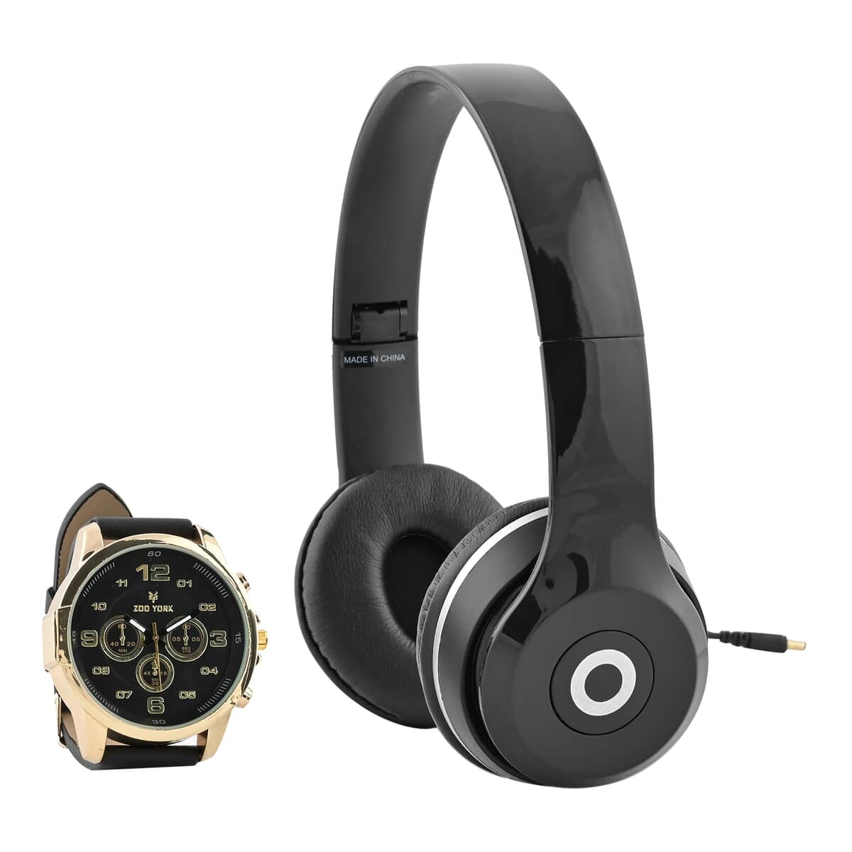 Zoo York Quartz Movement Black and Goldtone Dial Watch with Black Vegan Leather Strap and Black Headphones Gift Set, Designer Watch, Wristwatch and Headphones Accessory Set image number 0