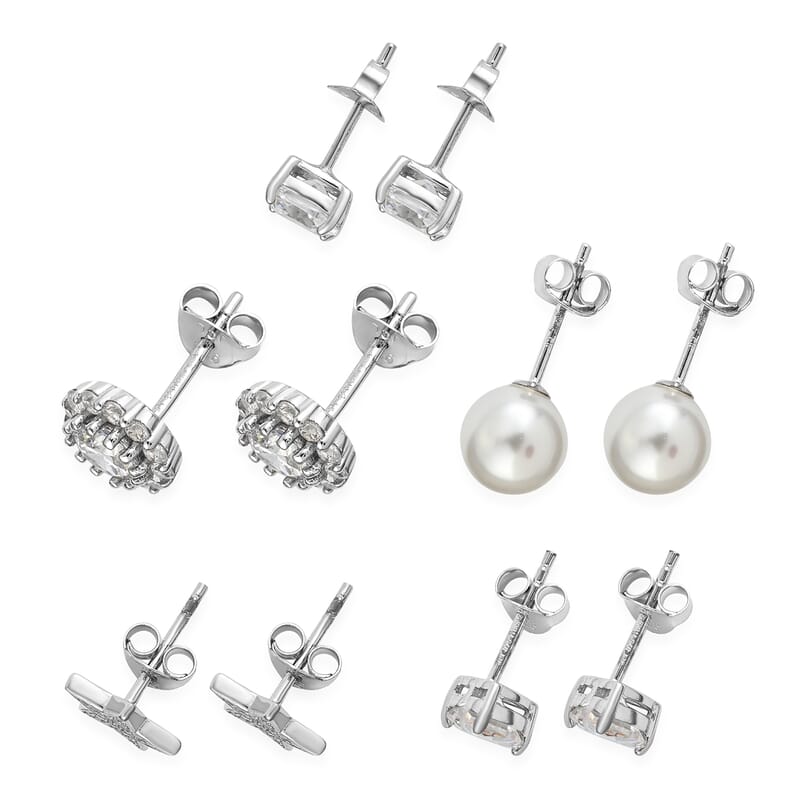 Set of 5 Simulated Diamond and Mother of Pearl Stud Earrings in Rhodium Over Sterling Silver 13.00 ctw
