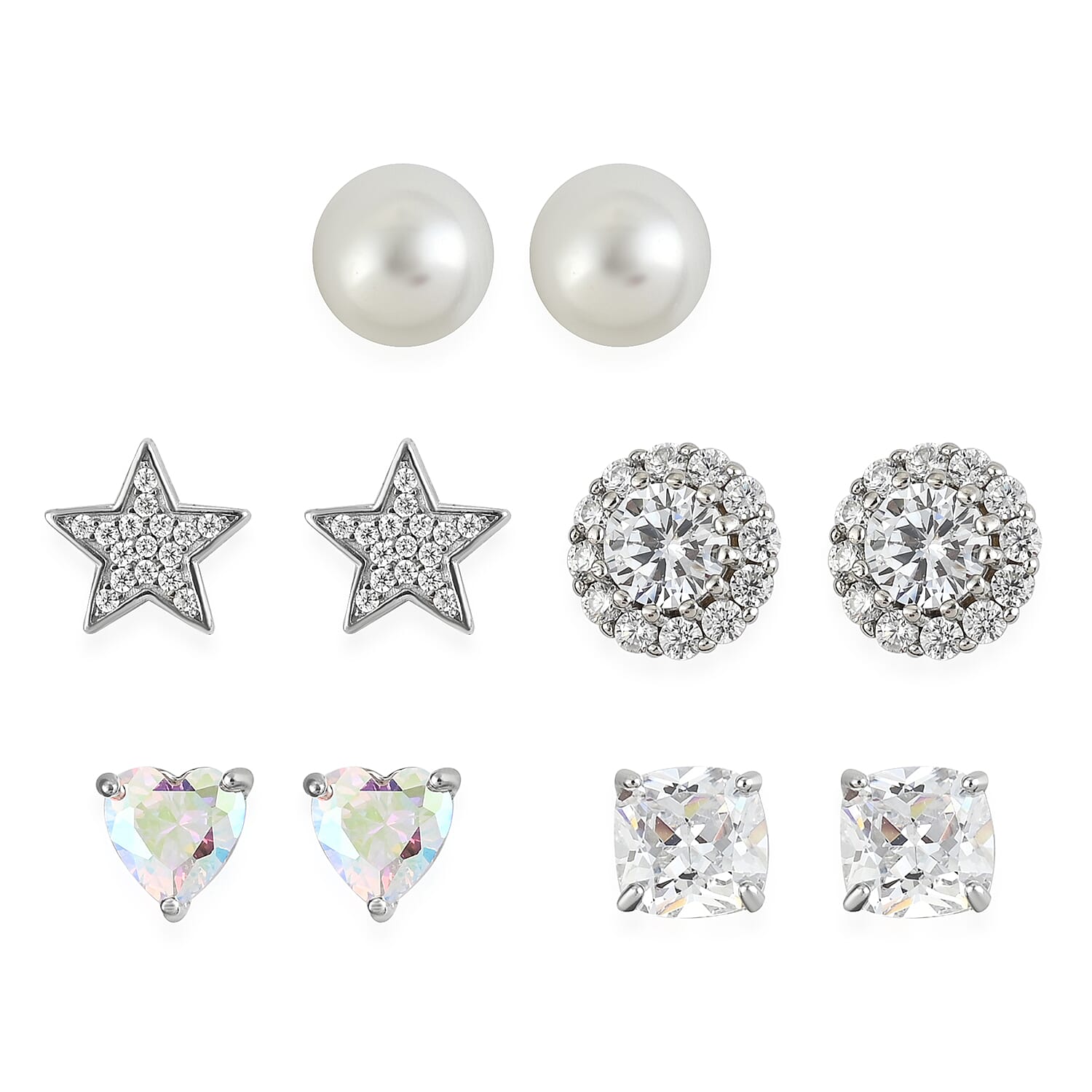 Set of 5 Simulated Diamond and Mother of Pearl Stud Earrings in Rhodium Over Sterling Silver 13.00 ctw
