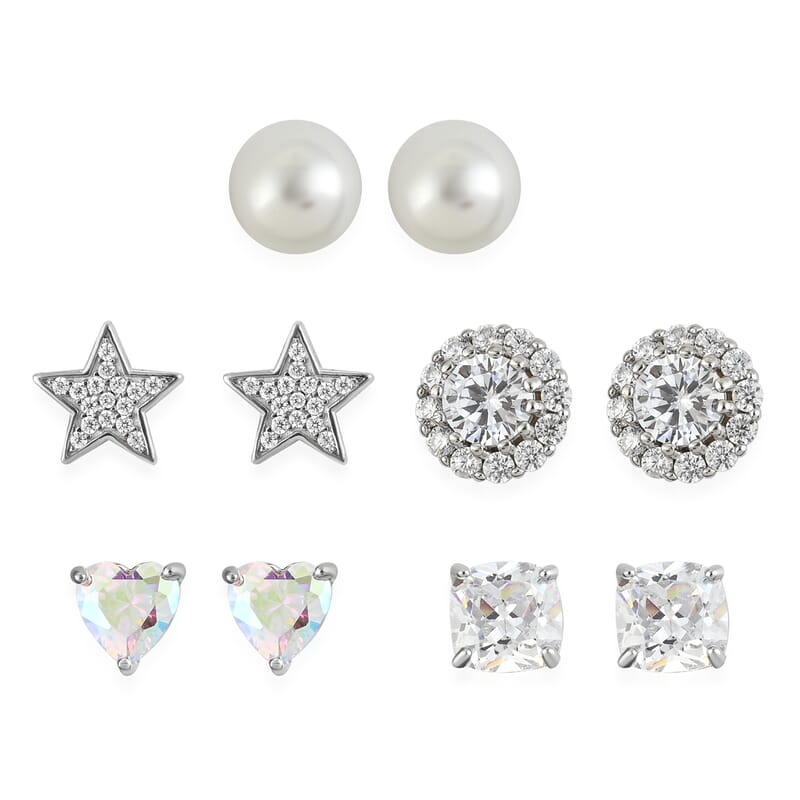 Set of 5 Simulated Diamond and Mother of Pearl Stud Earrings in Rhodium Over Sterling Silver 13.00 ctw