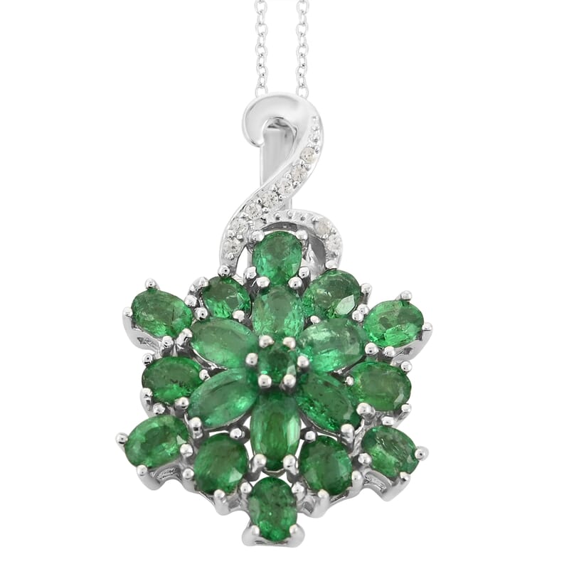 AAA Kagem Emerald and White Zircon Floral Pendant Necklace 18 Inches in Rhodium Over Sterling Silver 3.40 ctw