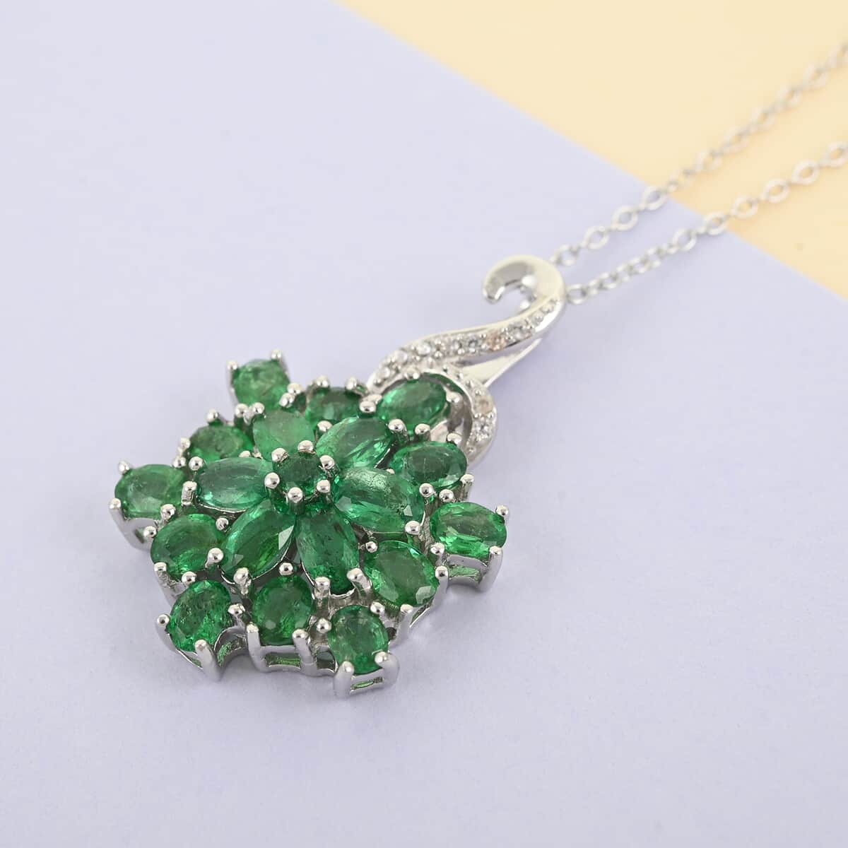 AAA Kagem Emerald and White Zircon Floral Pendant Necklace 18 Inches in Rhodium Over Sterling Silver 3.40 ctw image number 1