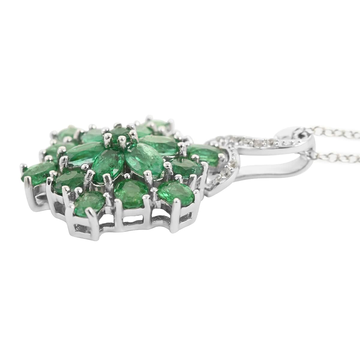 AAA Kagem Emerald and White Zircon Floral Pendant Necklace 18 Inches in Rhodium Over Sterling Silver 3.40 ctw image number 3