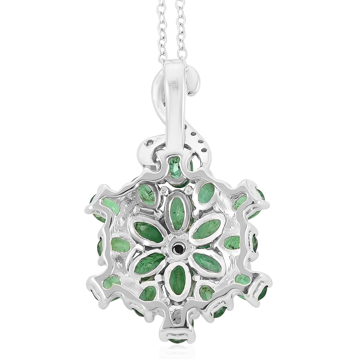 AAA Kagem Emerald and White Zircon Floral Pendant Necklace 18 Inches in Rhodium Over Sterling Silver 3.40 ctw