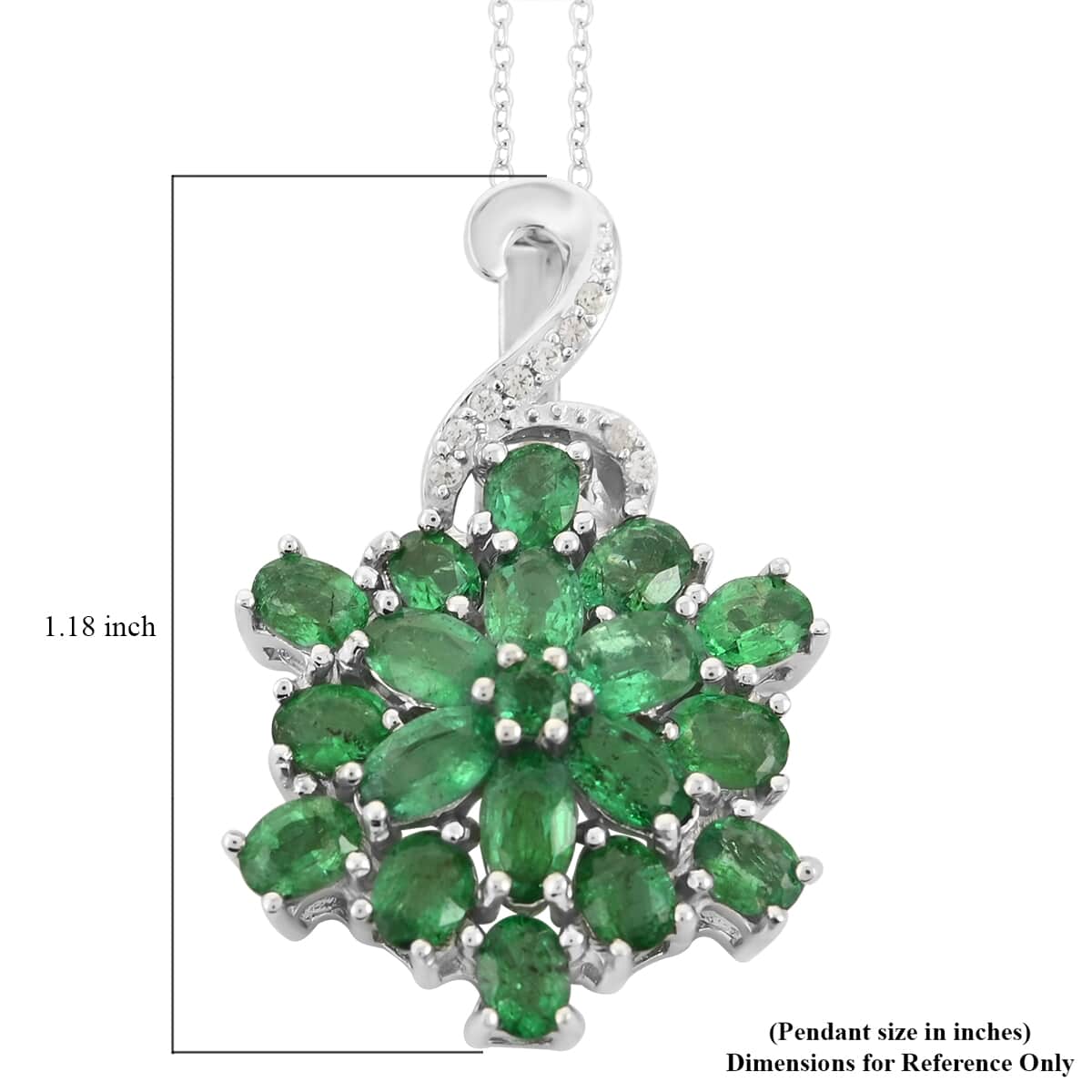 AAA Kagem Emerald and White Zircon Floral Pendant Necklace 18 Inches in Rhodium Over Sterling Silver 3.40 ctw image number 5