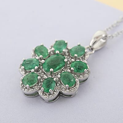 AAA Kagem Emerald and White Zircon Flower Pendant Necklace 18 Inches in Rhodium Over Sterling Silver 1.85 ctw