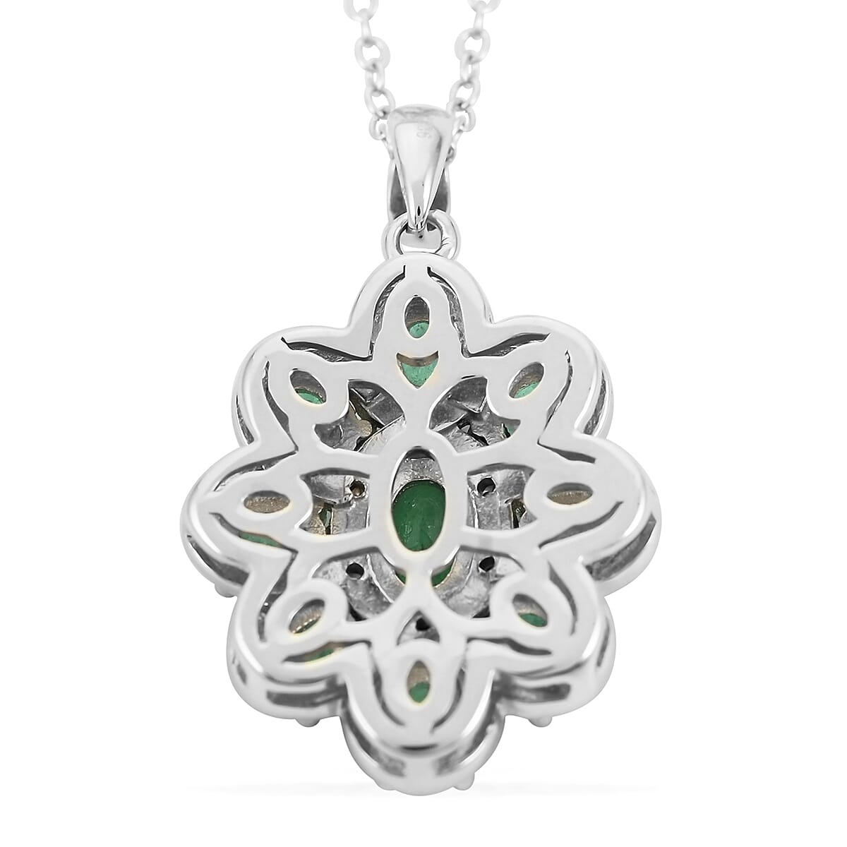 AAA Kagem Emerald and White Zircon Flower Pendant Necklace 18 Inches in Rhodium Over Sterling Silver 1.85 ctw