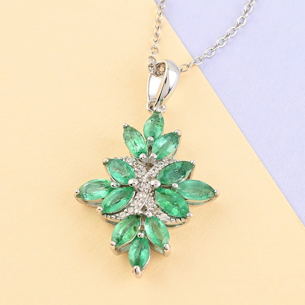 AAA Kagem Emerald and Natural White Zircon Pendant Necklace 18-19.50 Inches in Rhodium Over Sterling Silver 1.65 ctw image number 1