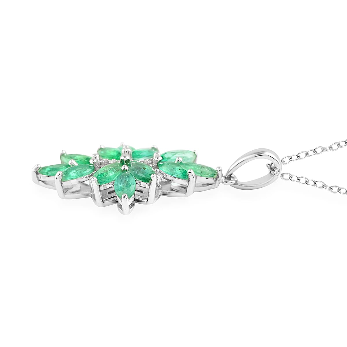 AAA Kagem Emerald and Natural White Zircon Pendant Necklace 18-19.50 Inches in Rhodium Over Sterling Silver 1.65 ctw image number 3
