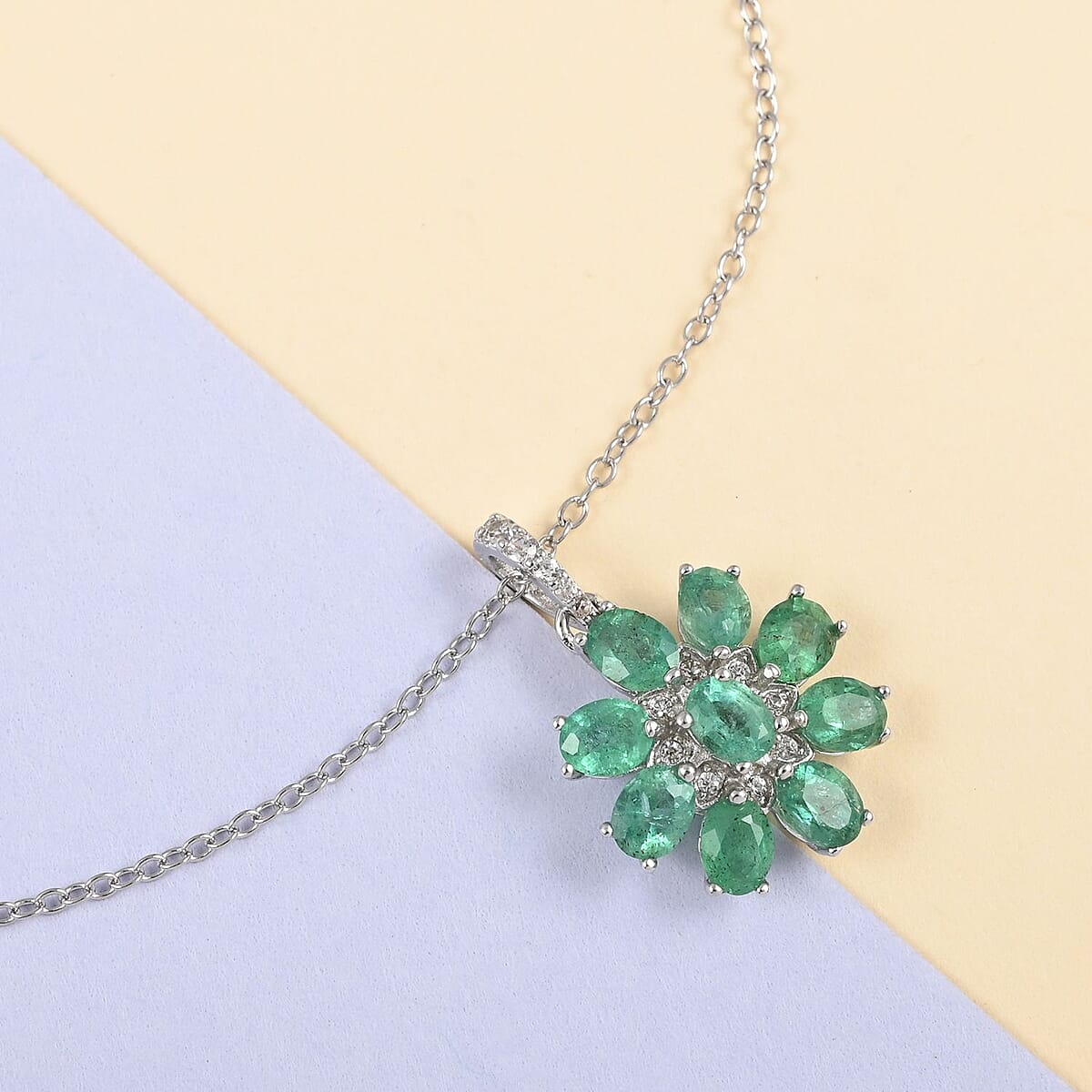 AAA Kagem Emerald and White Zircon Floral Pendant Necklace 18-19.50 Inches in Rhodium Over Sterling Silver 2.50 ctw image number 1