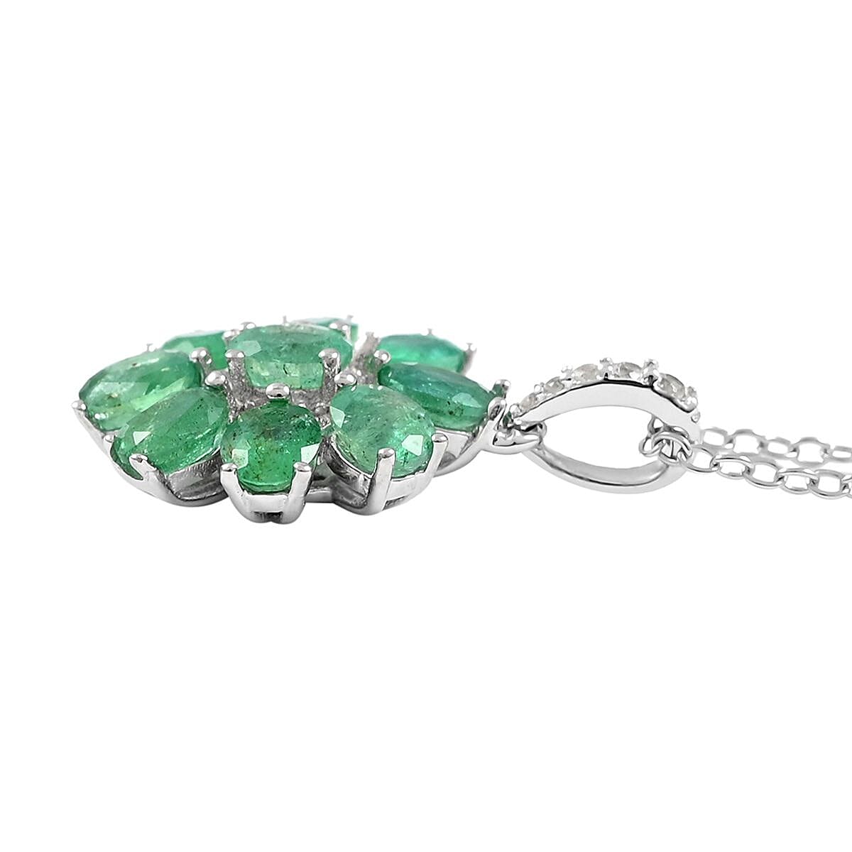 AAA Kagem Emerald and White Zircon Floral Pendant Necklace 18-19.50 Inches in Rhodium Over Sterling Silver 2.50 ctw image number 3