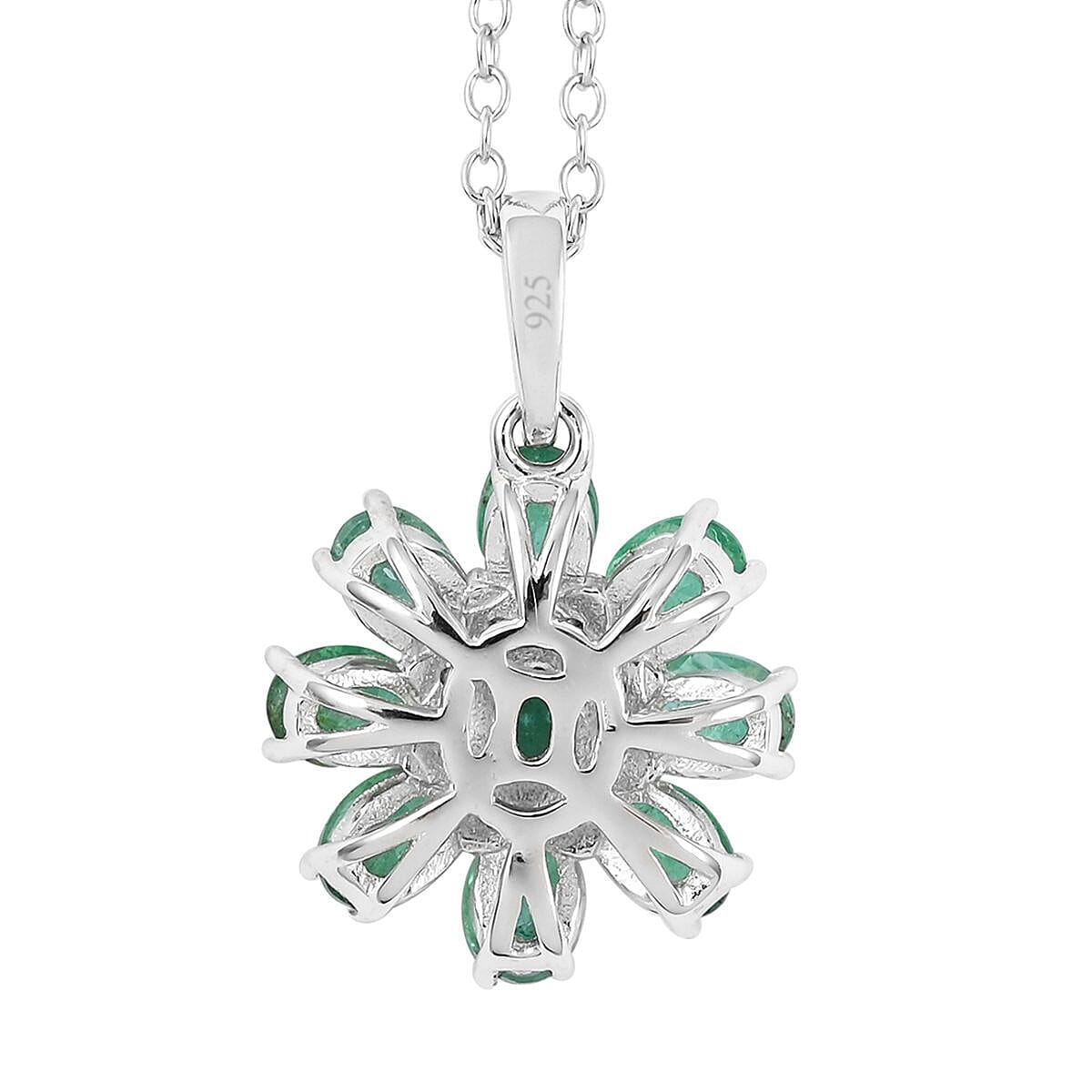 AAA Kagem Emerald and White Zircon Floral Pendant Necklace 18-19.50 Inches in Rhodium Over Sterling Silver 2.50 ctw image number 4