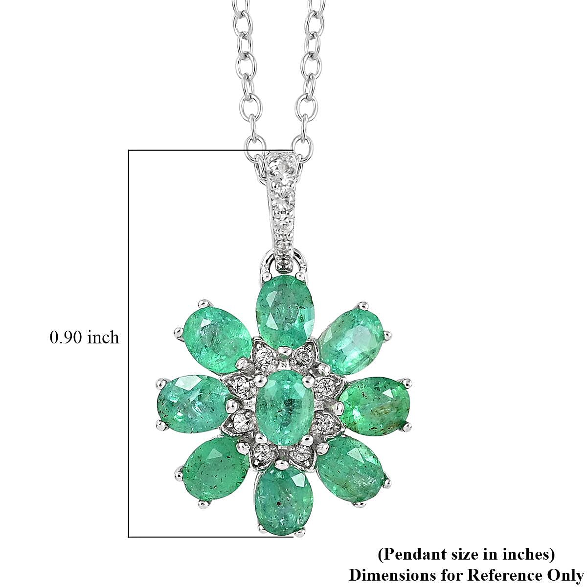 AAA Kagem Emerald and White Zircon Floral Pendant Necklace 18-19.50 Inches in Rhodium Over Sterling Silver 2.50 ctw image number 6