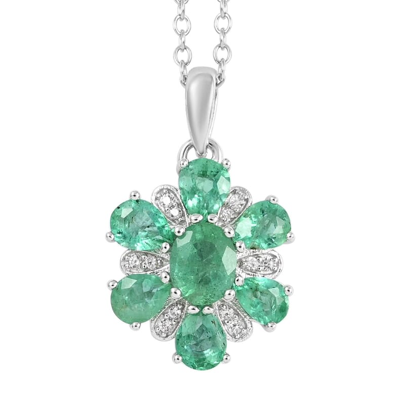 AAA Kagem Emerald and White Zircon Flower Pendant Necklace 18-19.50 Inches in Rhodium Over Sterling Silver 1.20 ctw