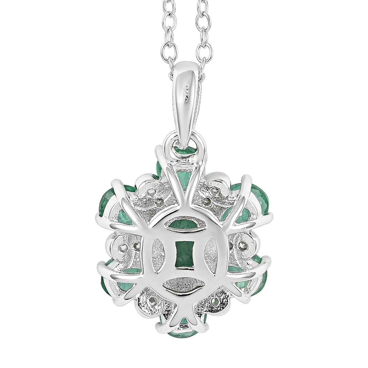 AAA Kagem Emerald and White Zircon Flower Pendant Necklace 18-19.50 Inches in Rhodium Over Sterling Silver 1.20 ctw