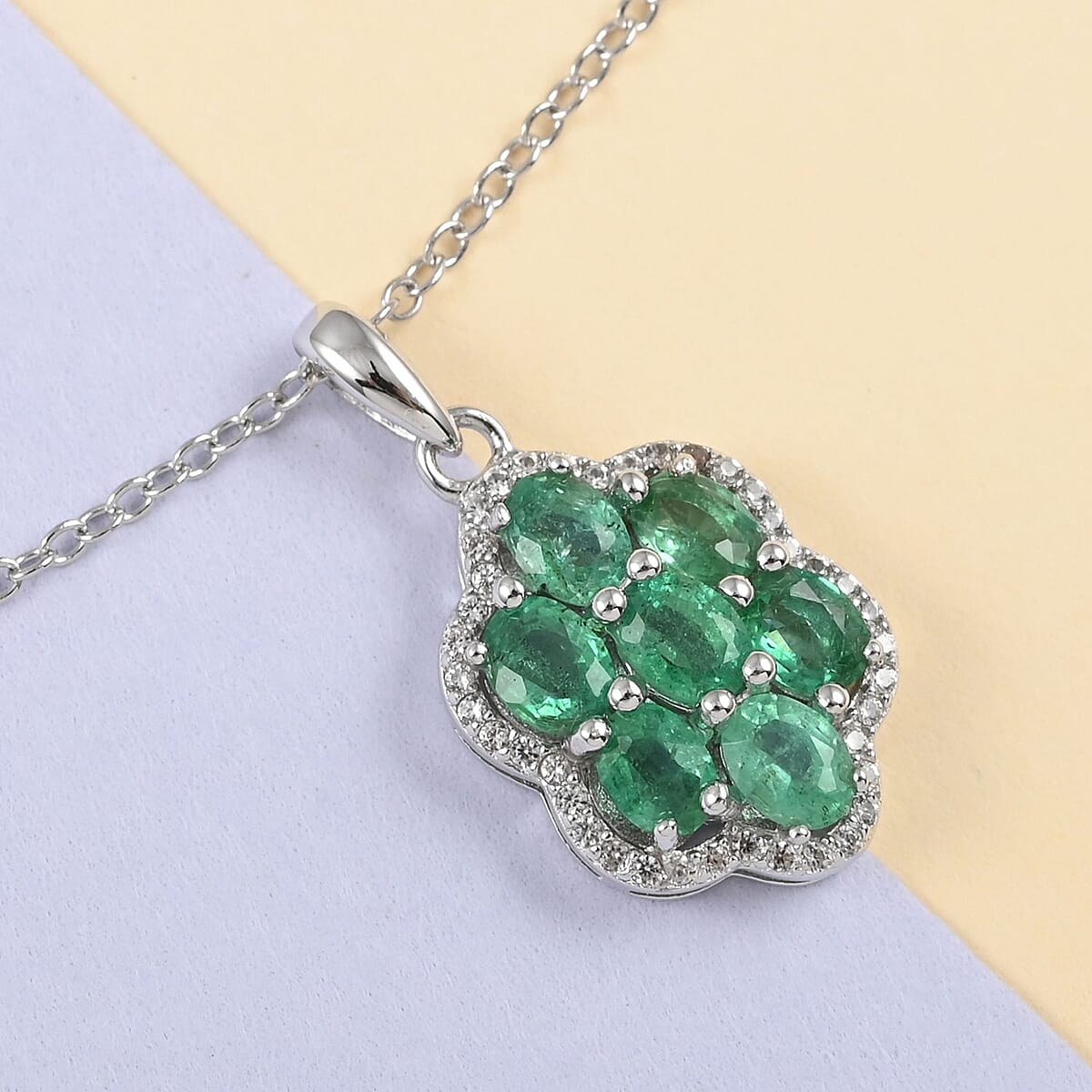 AAA Kagem Emerald and White Zircon Flower Pendant Necklace 18-19.50 Inches in Rhodium Over Sterling Silver 1.35 ctw image number 1