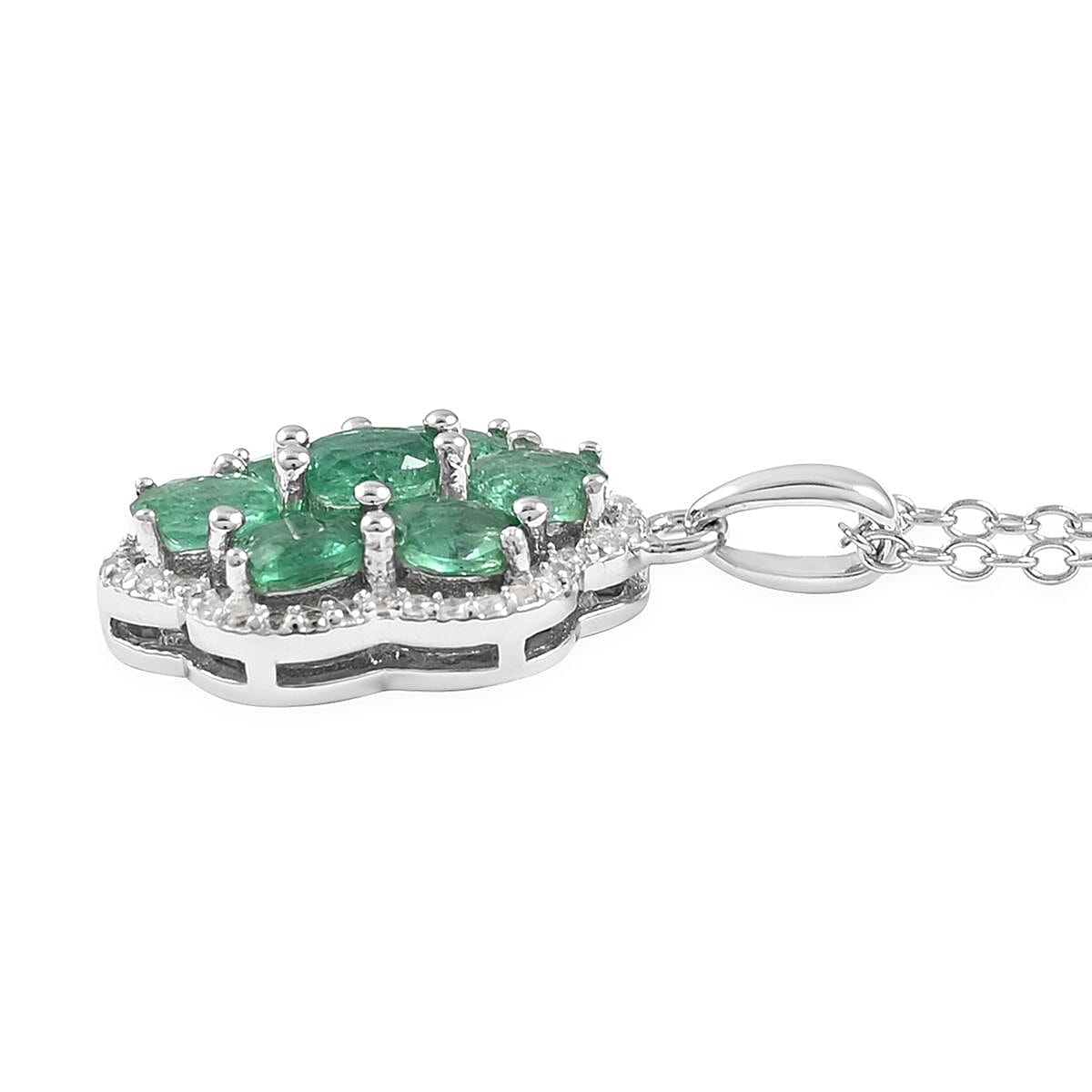 AAA Kagem Emerald and White Zircon Flower Pendant Necklace 18-19.50 Inches in Rhodium Over Sterling Silver 1.35 ctw image number 3