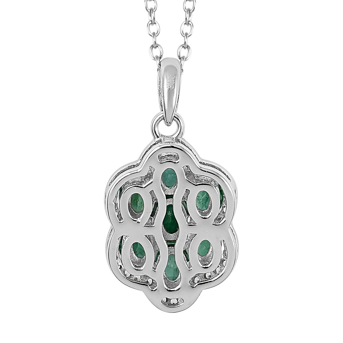 AAA Kagem Emerald and White Zircon Flower Pendant Necklace 18-19.50 Inches in Rhodium Over Sterling Silver 1.35 ctw image number 4
