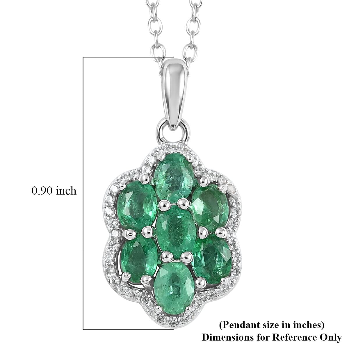 AAA Kagem Emerald and White Zircon Flower Pendant Necklace 18-19.50 Inches in Rhodium Over Sterling Silver 1.35 ctw image number 6