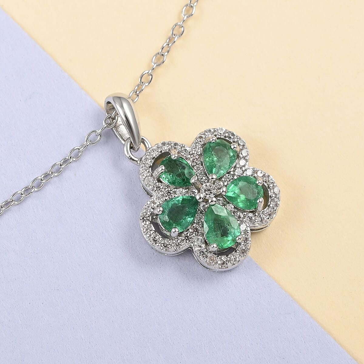 AAA Kagem Emerald and Natural White Zircon Flower Pendant Necklace 18-19.50 Inches in Rhodium Over Sterling Silver 1.00 ctw image number 1