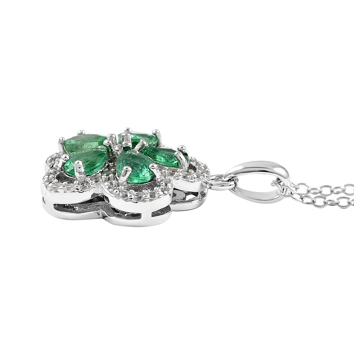 AAA Kagem Emerald and Natural White Zircon Flower Pendant Necklace 18-19.50 Inches in Rhodium Over Sterling Silver 1.00 ctw image number 3