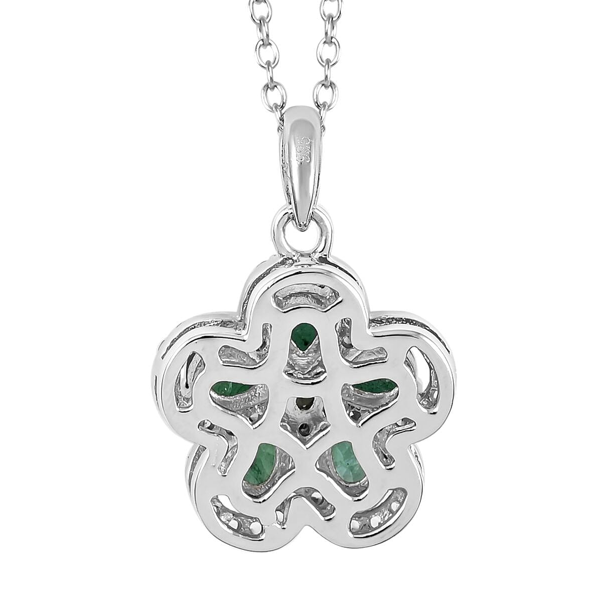 AAA Kagem Emerald and Natural White Zircon Flower Pendant Necklace 18-19.50 Inches in Rhodium Over Sterling Silver 1.00 ctw image number 4