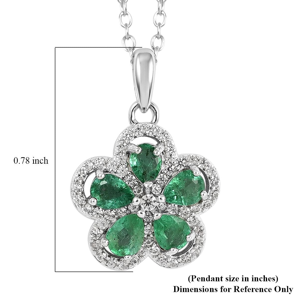 AAA Kagem Emerald and Natural White Zircon Flower Pendant Necklace 18-19.50 Inches in Rhodium Over Sterling Silver 1.00 ctw image number 6
