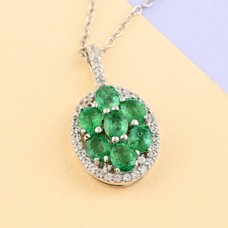 AAA Kagem Emerald and Natural White Zircon Pendant Necklace 18-19.5 Inches in Rhodium Over Sterling Silver 1.50 ctw