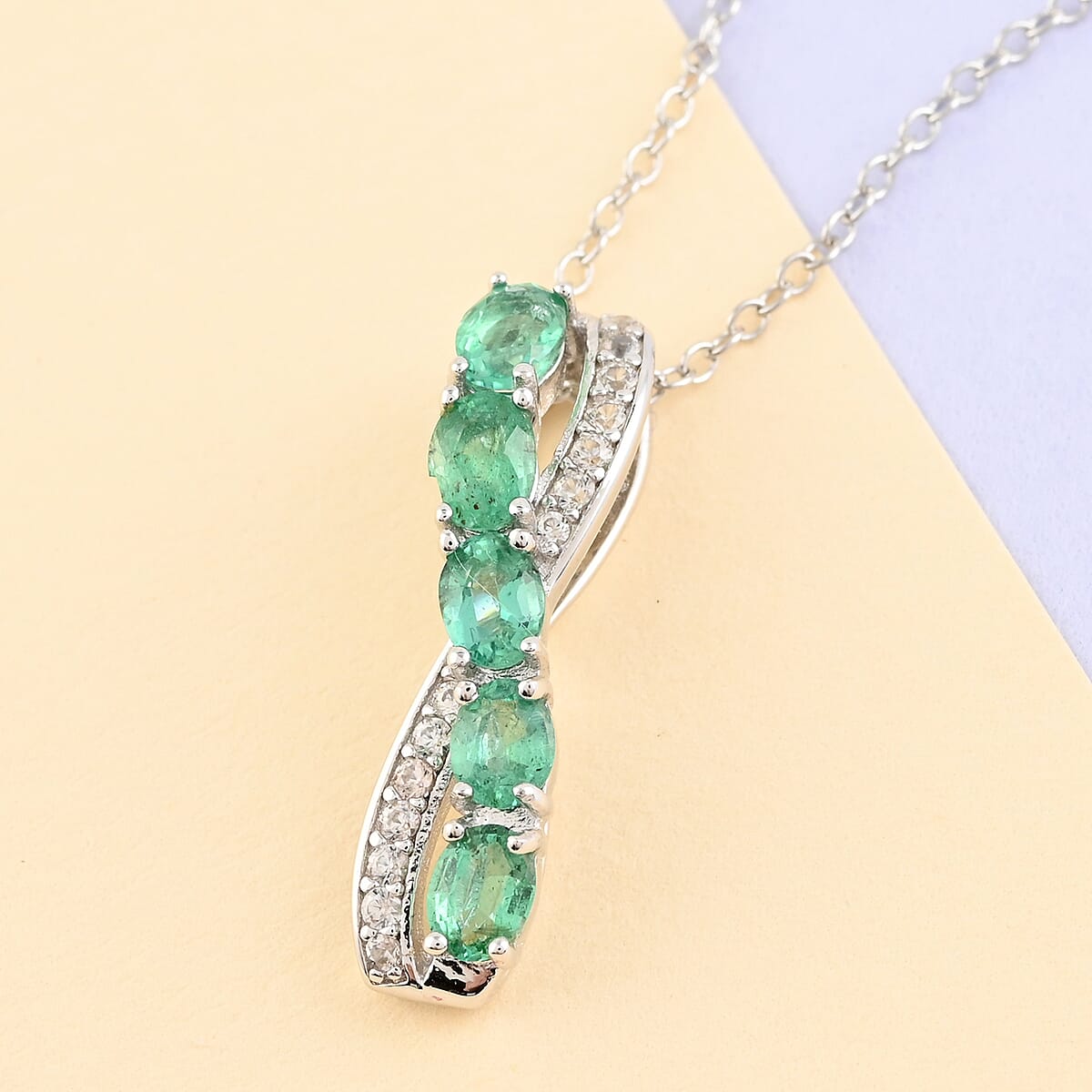 AAA Kagem Emerald and Natural White Zircon Infinity Pendant Necklace 18-19.5 Inches in Rhodium Over Sterling Silver 0.90 ctw image number 1