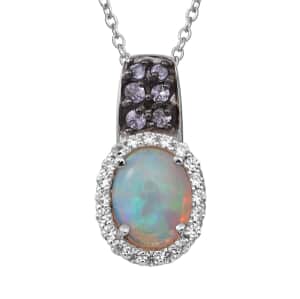 Premium Ethiopian Welo Opal, Tanzanite and White Zircon Pendant Necklace 18  Inches in Platinum Over Sterling Silver 1.75 ctw