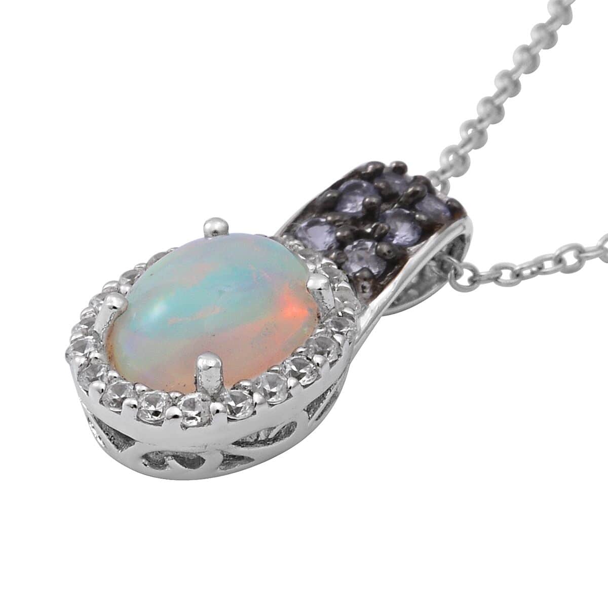Premium Ethiopian Welo Opal, Tanzanite and White Zircon Pendant Necklace 18  Inches in Platinum Over Sterling Silver 1.75 ctw image number 2