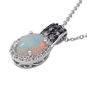 Premium Ethiopian Welo Opal, Tanzanite and White Zircon Pendant Necklace 18  Inches in Platinum Over Sterling Silver 1.75 ctw