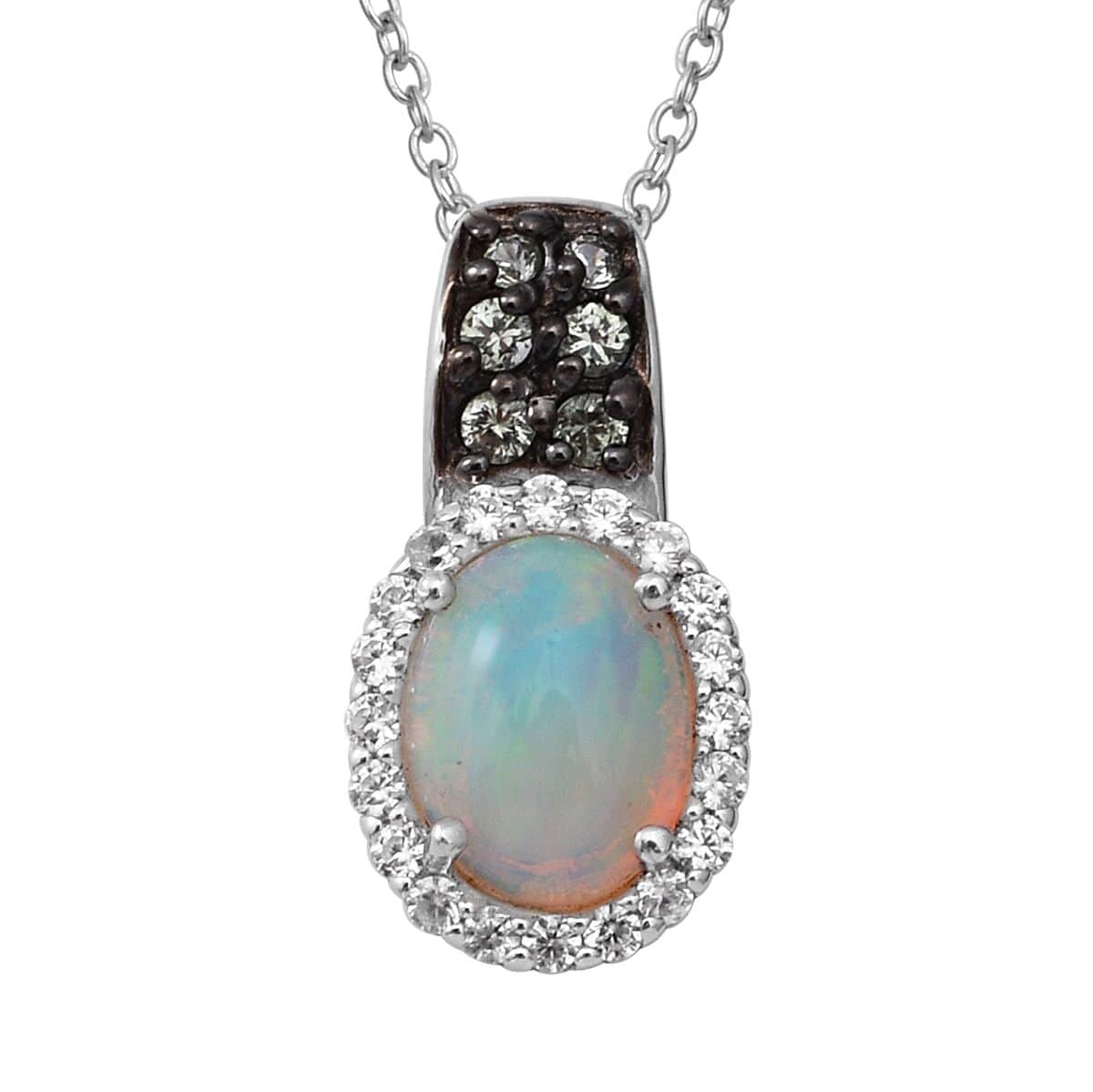 Premium Ethiopian Welo Opal, Green Sapphire and White Zircon Pendant Necklace 18 Inches in Platinum Over Sterling Silver 1.75 ctw image number 0