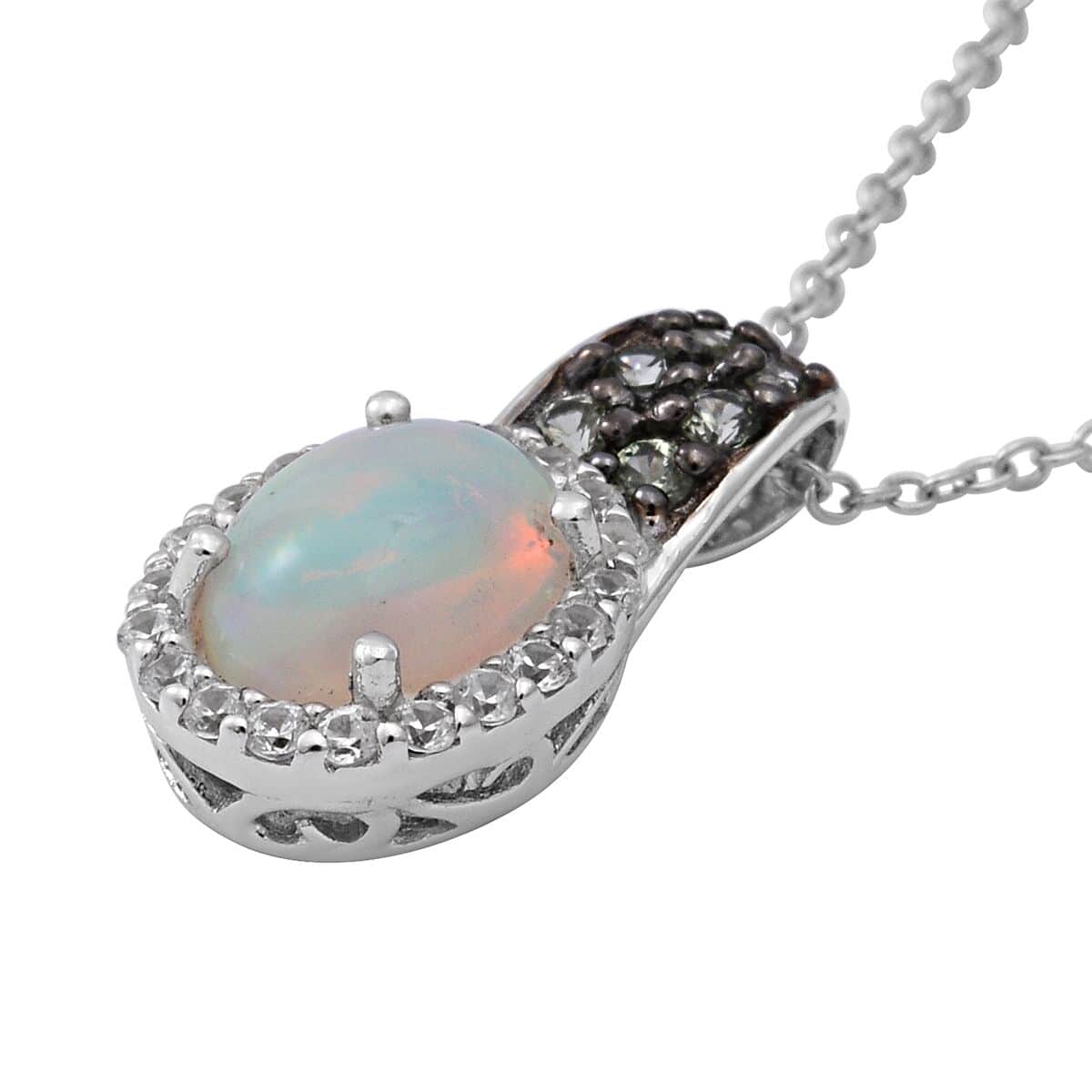 Premium Ethiopian Welo Opal, Green Sapphire and White Zircon Pendant Necklace 18 Inches in Platinum Over Sterling Silver 1.75 ctw image number 2