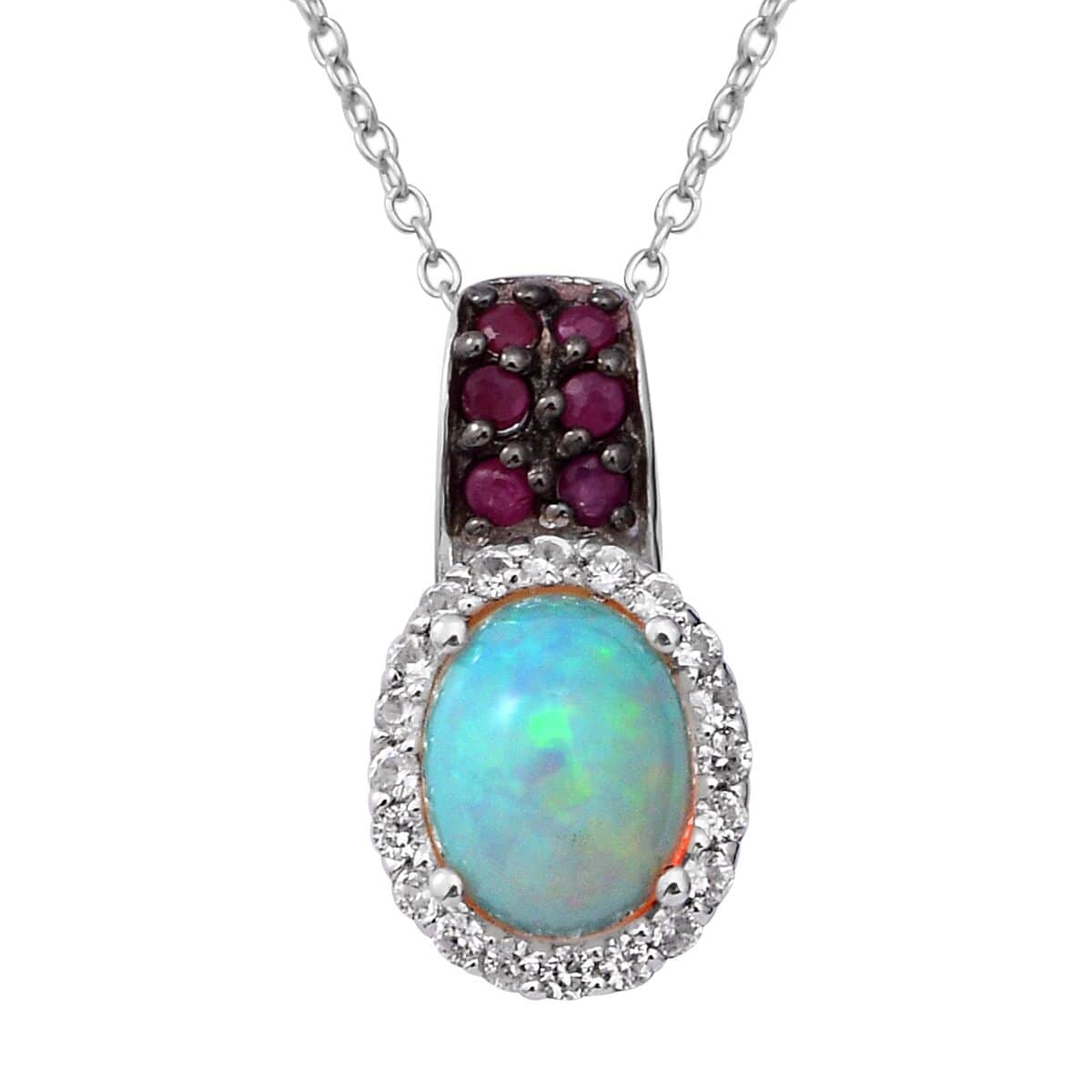 Premium Ethiopian Welo Opal, Niassa Ruby (FF) and White Zircon Pendant Necklace 18 Inches in Platinum Over Sterling Silver 1.75 ctw image number 0