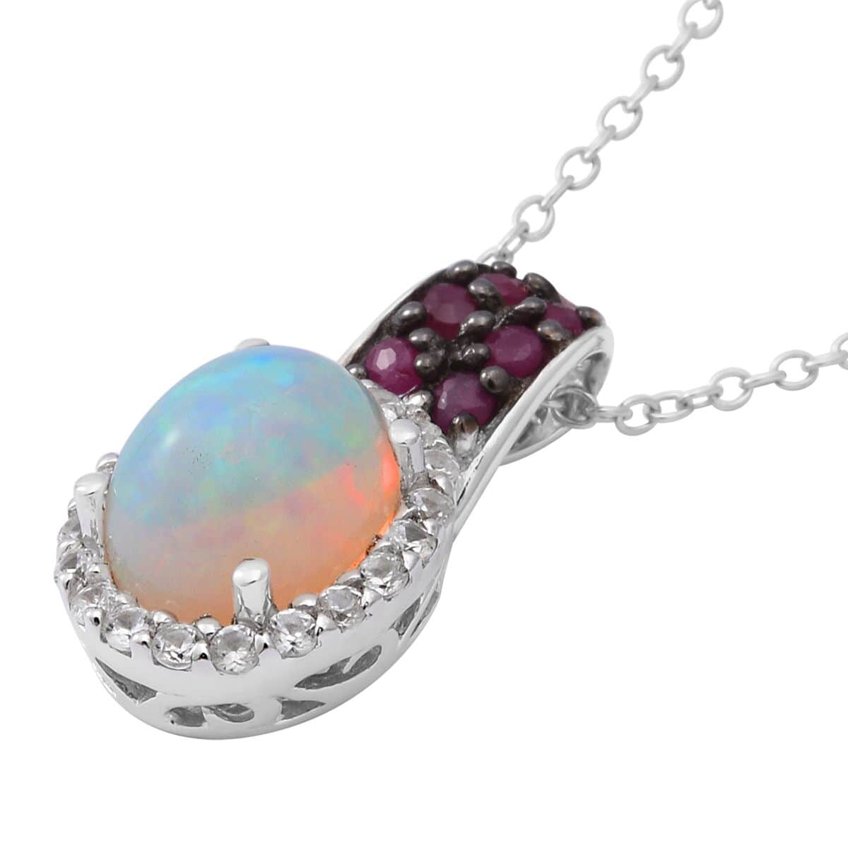 Premium Ethiopian Welo Opal, Niassa Ruby (FF) and White Zircon Pendant Necklace 18 Inches in Platinum Over Sterling Silver 1.75 ctw image number 2