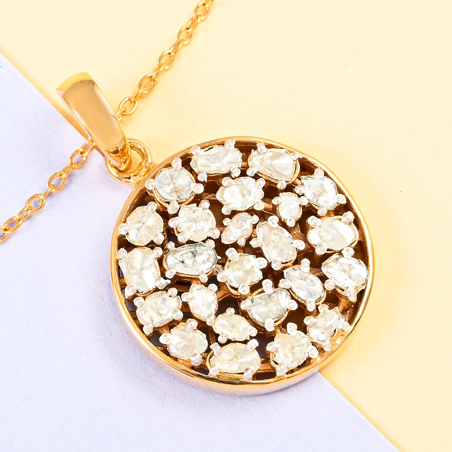 Polki Diamond Circle Pendant Necklace 16-18 Inches in 14K Yellow Gold Over Sterling Silver 1.00 ctw