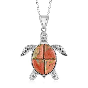Unakite Turtle Pendant Necklace 18 Inches in Silvertone 10.35 ctw