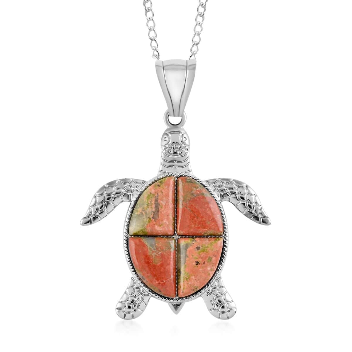 Unakite Turtle Pendant Necklace 18 Inches in Silvertone 10.35 ctw image number 0