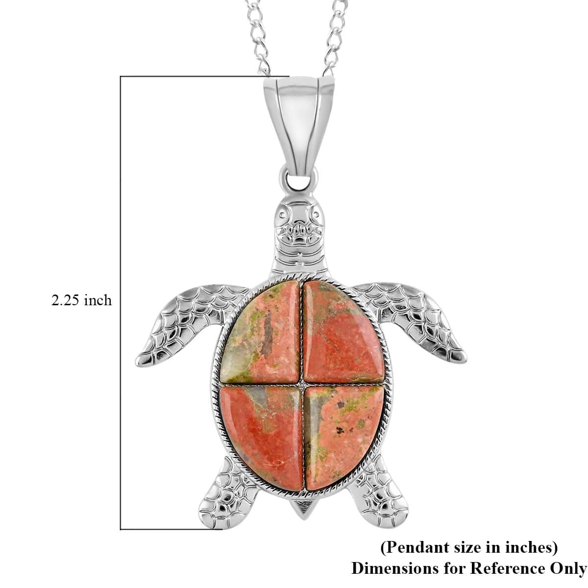 Unakite Turtle Pendant Necklace 18 Inches in Silvertone 10.35 ctw image number 5