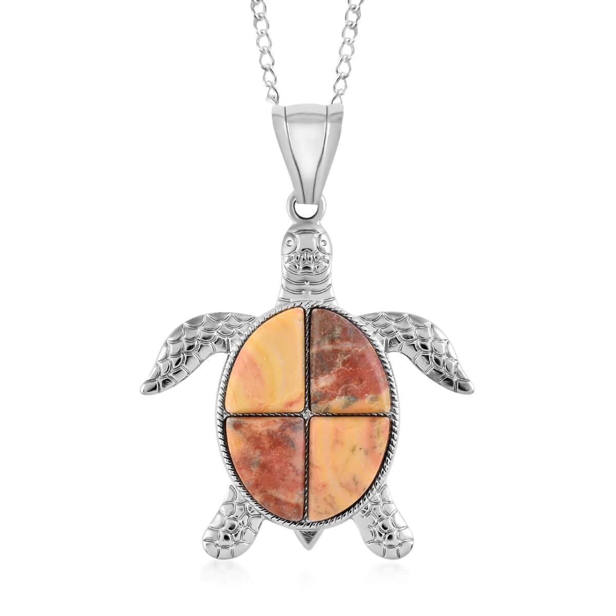 Picasso Jasper Turtle Pendant Necklace 18 Inches in Silvertone 10.35 ctw image number 0
